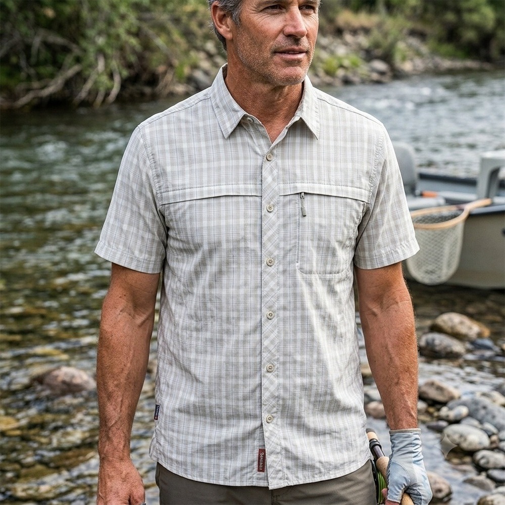 Simms Fishing Shirt Mens Large Tan Plaid Short Sleeve Ventilated 41307 Outdoor